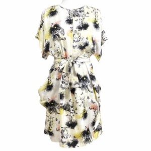 SANDRA ANGELOZZI 100% SILK TIGER TREE PRINT KEYHOLE COLD SHOULDER BELTED DRESS